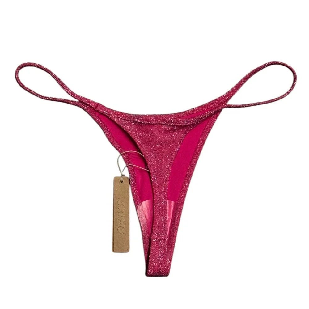 SKIMS Glitter Swim String Thong Magenta Pink Metallic Bikini Bottom Med NWT